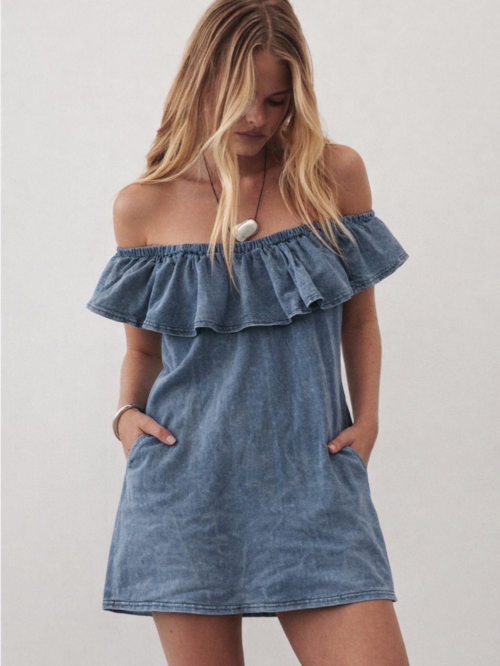 Umgee Off Shoulder Blue Acid Wash Mini Dress Ruffle Boho Anthropologie Vibe S